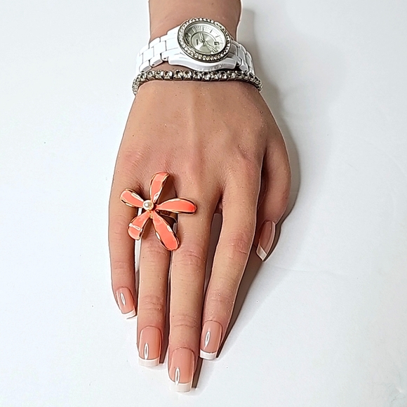 Large Flowered Custom Peach Ring W/Center Pearl & Gold Adj. Band OS - Picture 4 of 10